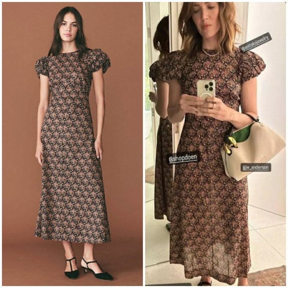 💕DÔEN💕 Rhodia Dress ~ Puff Sleeve A-Line Maxi Noir Forest Floral Print XL NWOT